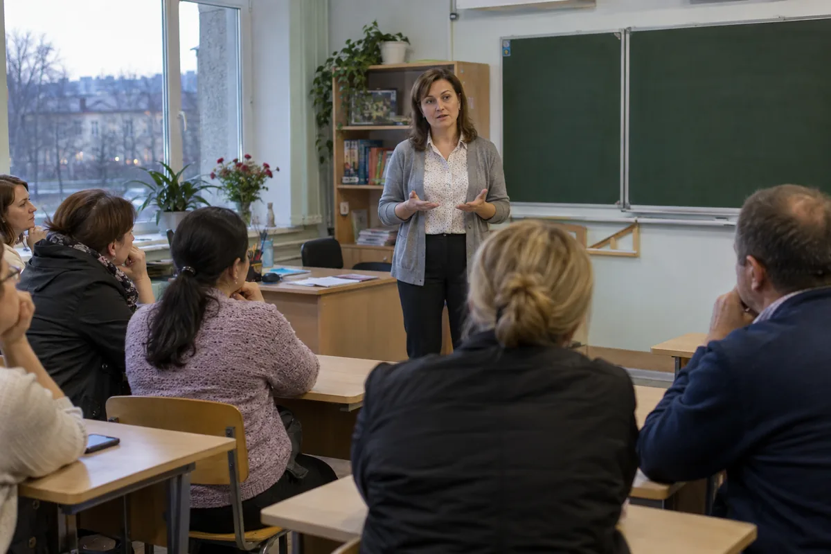 Учительница из Пинска уверенно говорит перед родителями